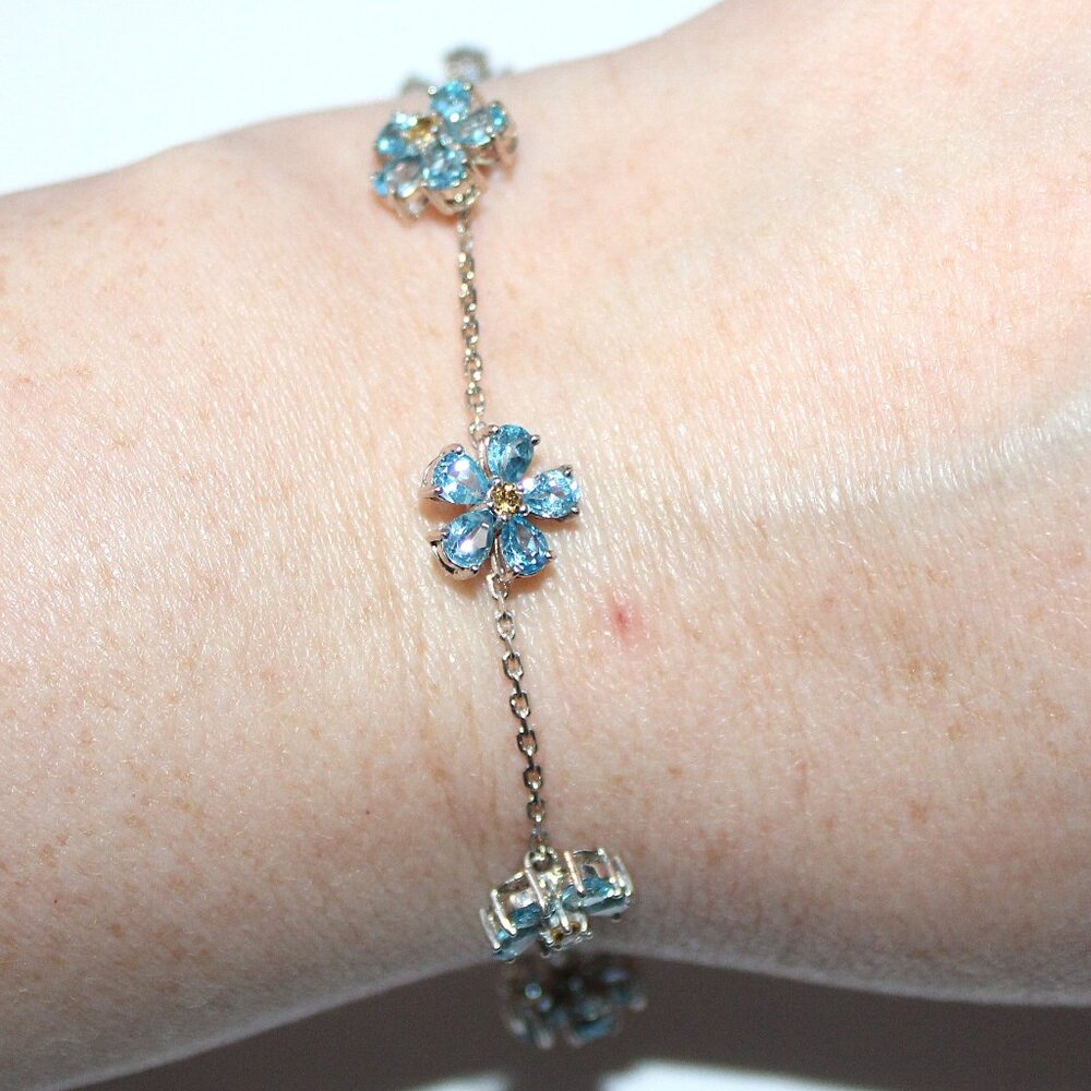 Sterling Silver Aquamarine Citrine Floral Bracelet 8 Inches - Picture 3 of 4